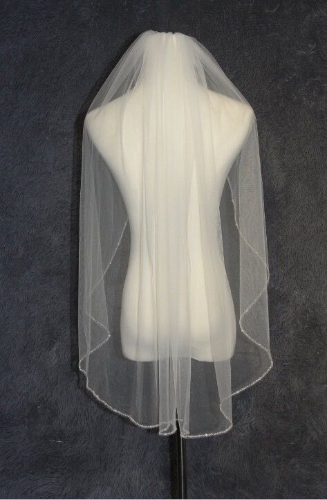 White Ivory Champagne one layer Wedding Veil beaded Edge Bridal Veil Fingertip