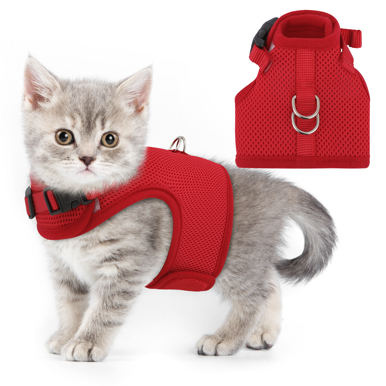 Escape Proof Cat Harness Mesh Adjustable Kitten Vest Reflective Red w/D-rings