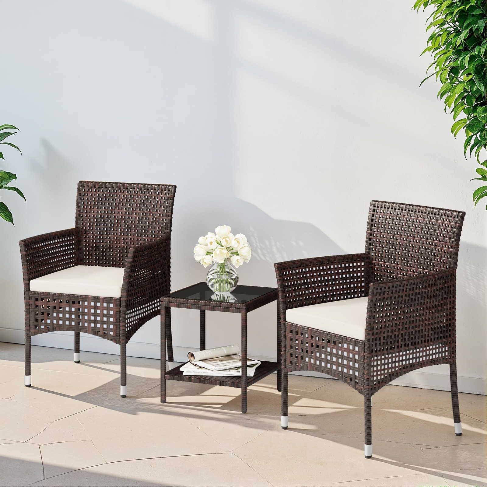3-Piece Patio Conversation Set Wicker Rattan with Coffee Table Dark Brown Beige