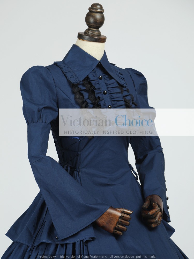 Blue Victorian Gothic Maid Mourning Dress Steampunk Witch Halloween Costume 007