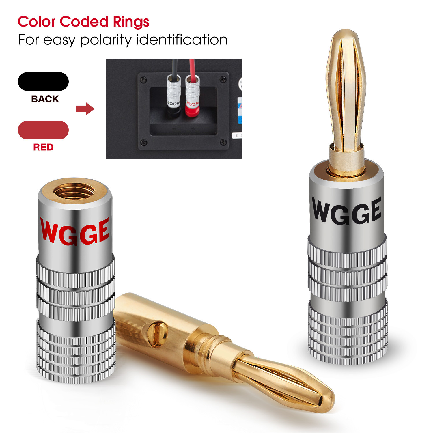 WGGE WG-009 Banana Plugs Audio Jack, 24k Gold Dual Screw Lock Speaker (12 Pairs)