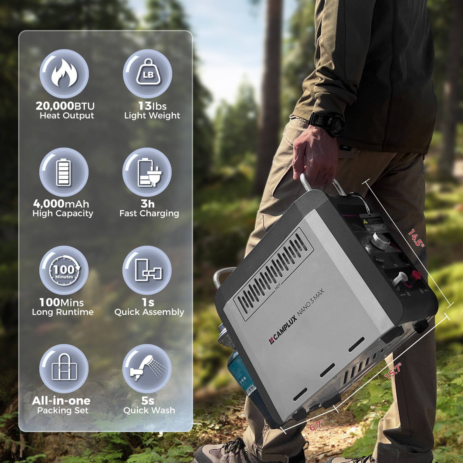 CAMPLUX Nano 3 Max Portable Gas Water Heater & Pump Rechargeable Shower System