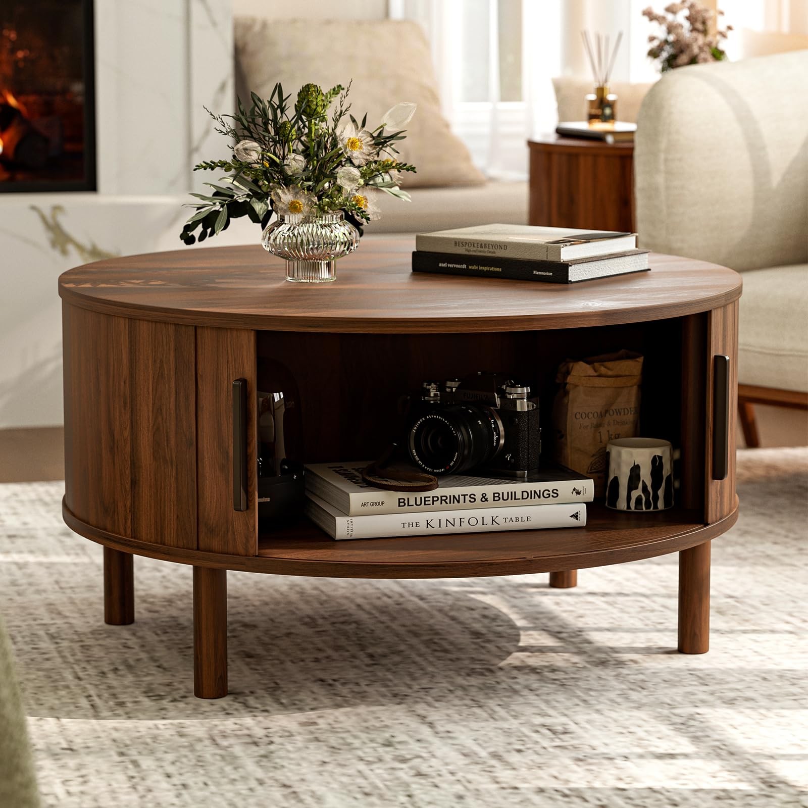 Coffee Table for Living Room, Modern Round Coffee Table with Cabinets & Slidi...