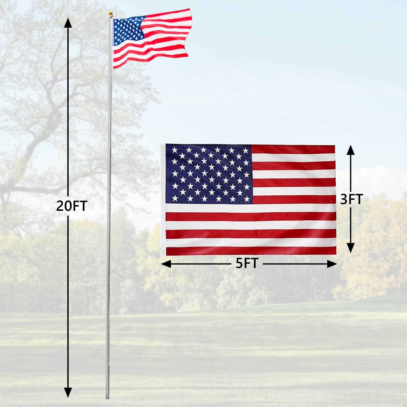 20 FT Sectional Flag Pole Kit Extra Thick Aluminum Flagpole with 1 Flag 2 Rope