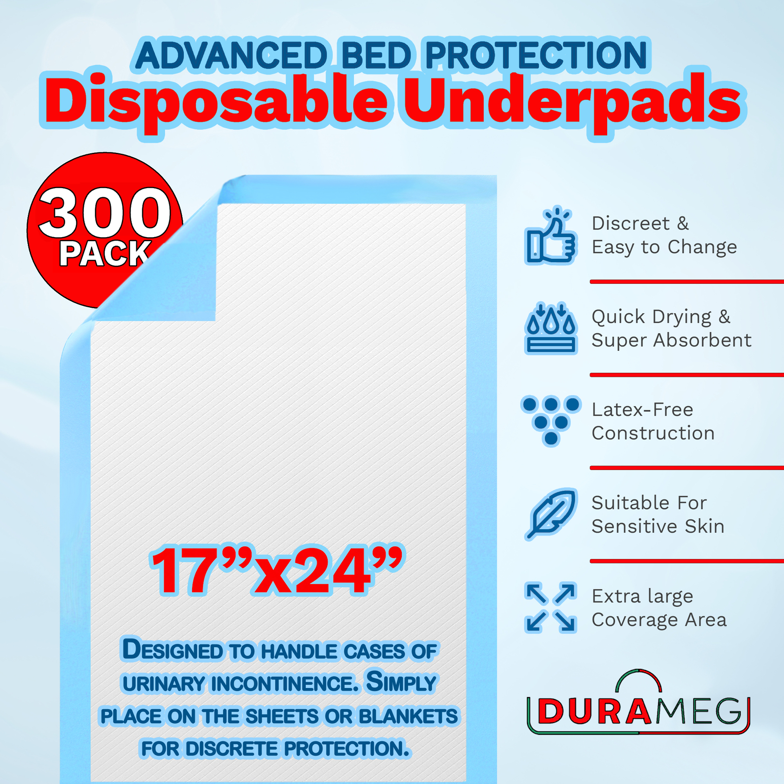 Chucks Pads [300-Pads] Underpads 17x24 Bed & Pee Pads | Puppy Pads | Chux Pads