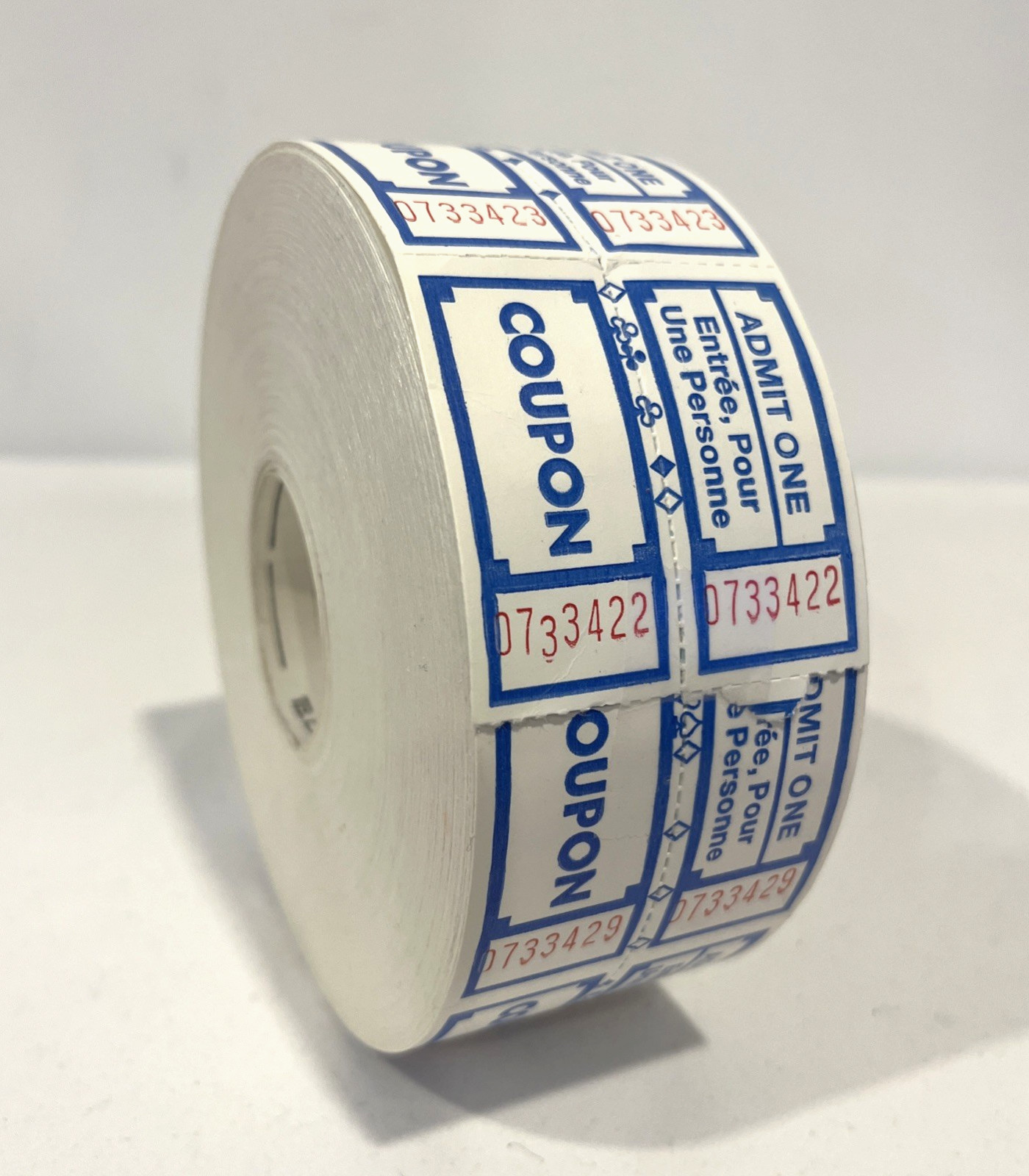 WHITE BLUE ADMIT ONE ENTRANCE COUPON DOUBLE STUB NUMBERED RAFFLE TICKETS ROLL MD