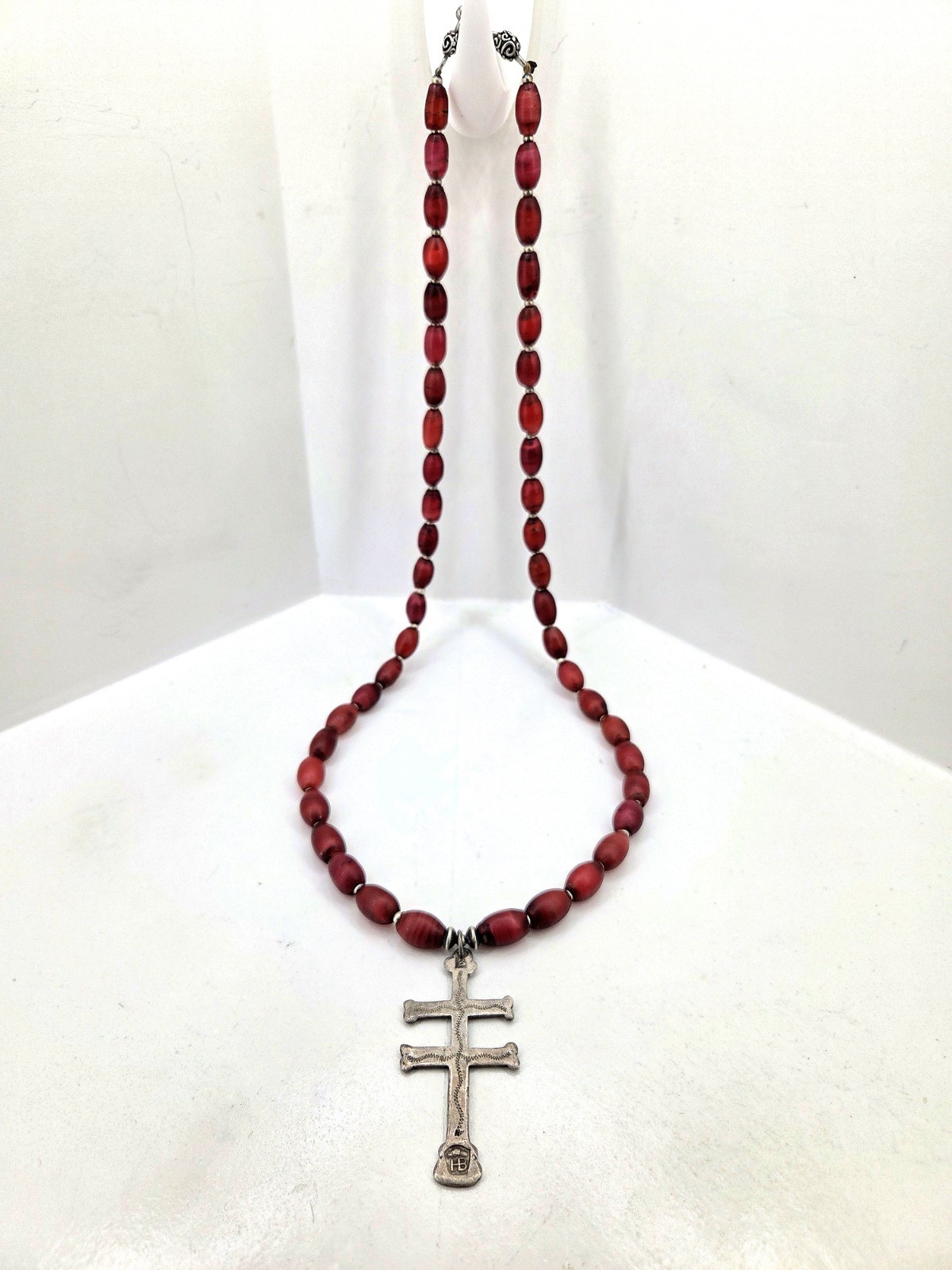 Hudson Bay Sterling Cross Of Lorraine Trade Bead Necklace Cornaline D'aleppo HBC