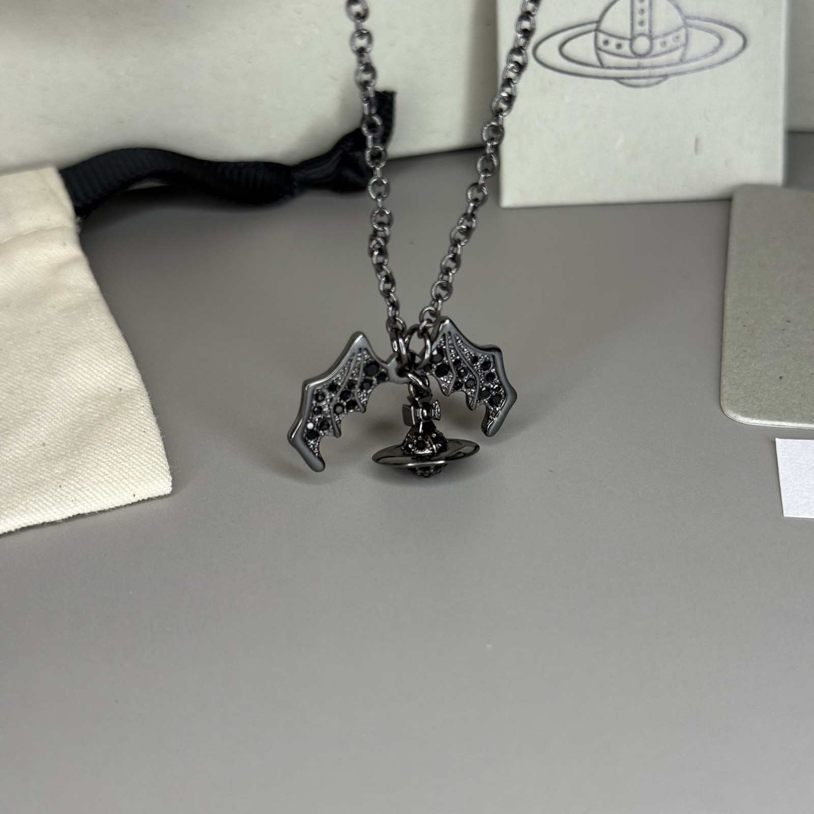 Vivienne Westwood Bat Necklace Black Silver Japan Orb WITH BOX