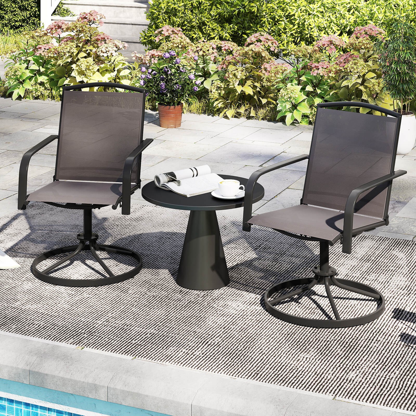 Patio Swivel Chairs Set of 2 w/ High Back & Round Metal Base for Backyard