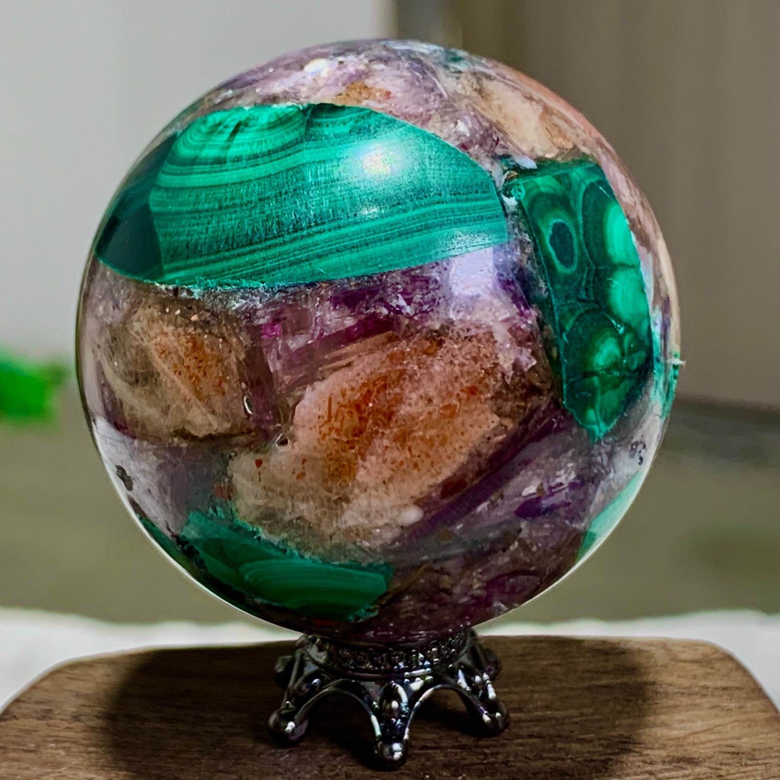 92G Newly discovered rare malachite purple mica symbiotic sphere restoration