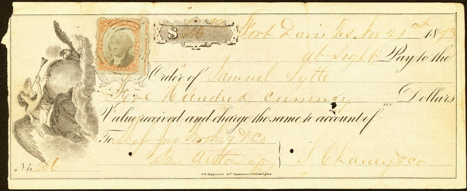 TX $500 FORT DAVIS Texas November 21st, 1873 "panic of '73" Merchant draft