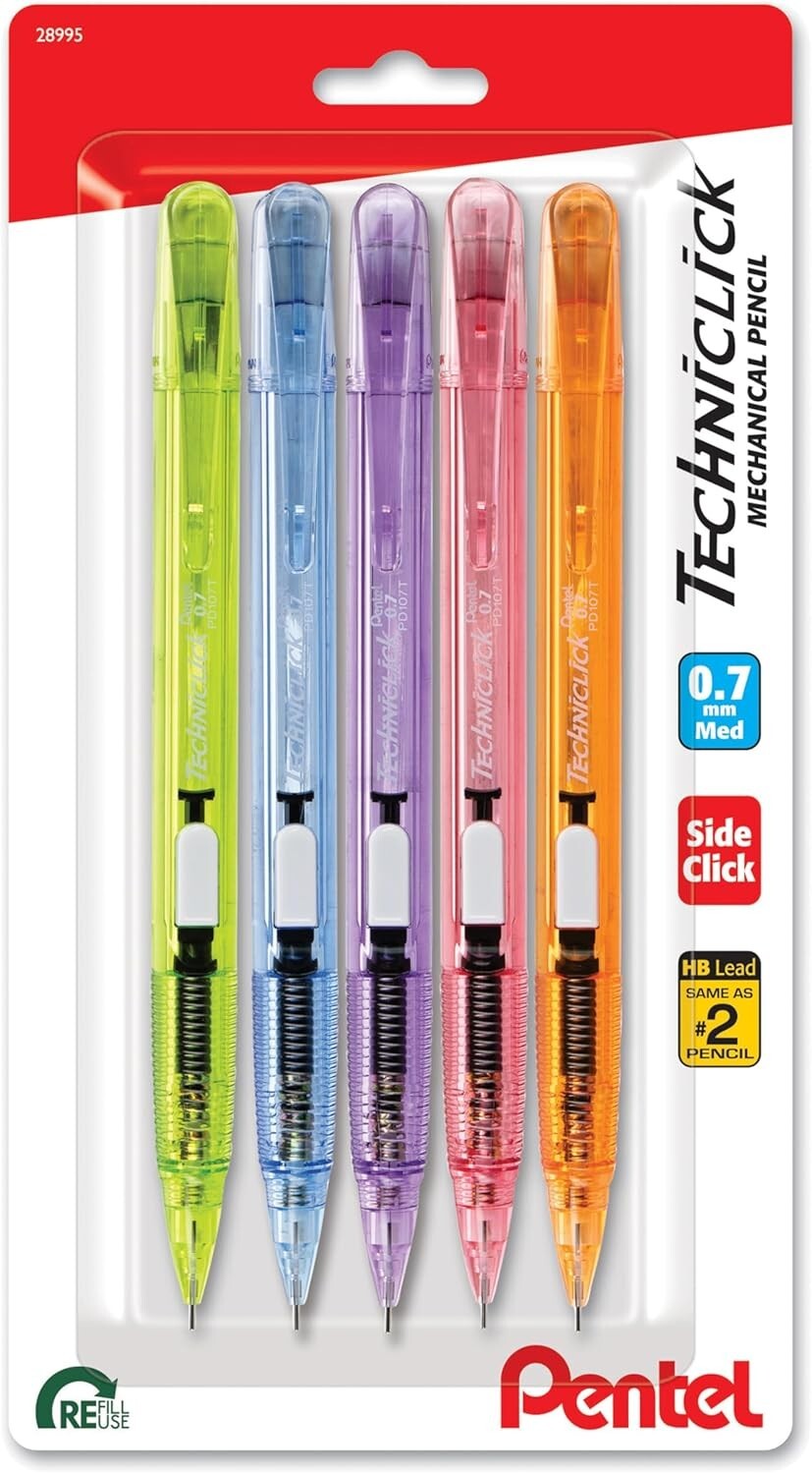 Pentel Techniclick 0.7mm Mechanical Pencil – Pack of 5, Side-Click Lead Advance
