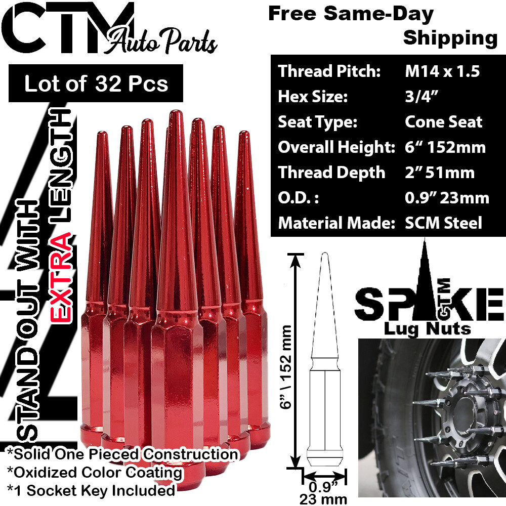 32Pc 6" TALL RED M14x1.5 XL SPIKE LUG NUT+KEY FIT F250/F350 RAM2500/RAM3500