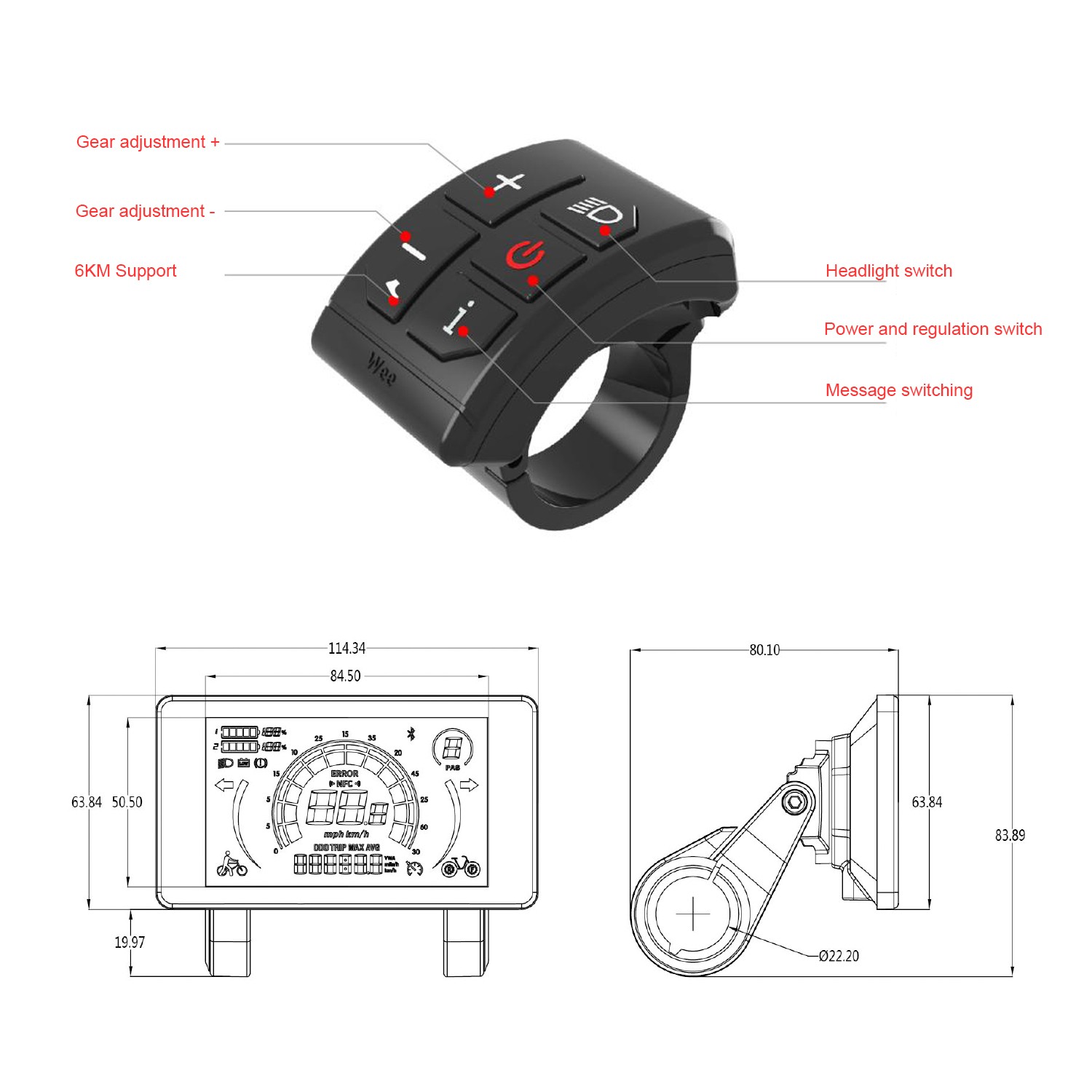 E-Bike 4" LCD Colorful Display 24V-72V Power Speed Meter Gear Control w/NFC USA