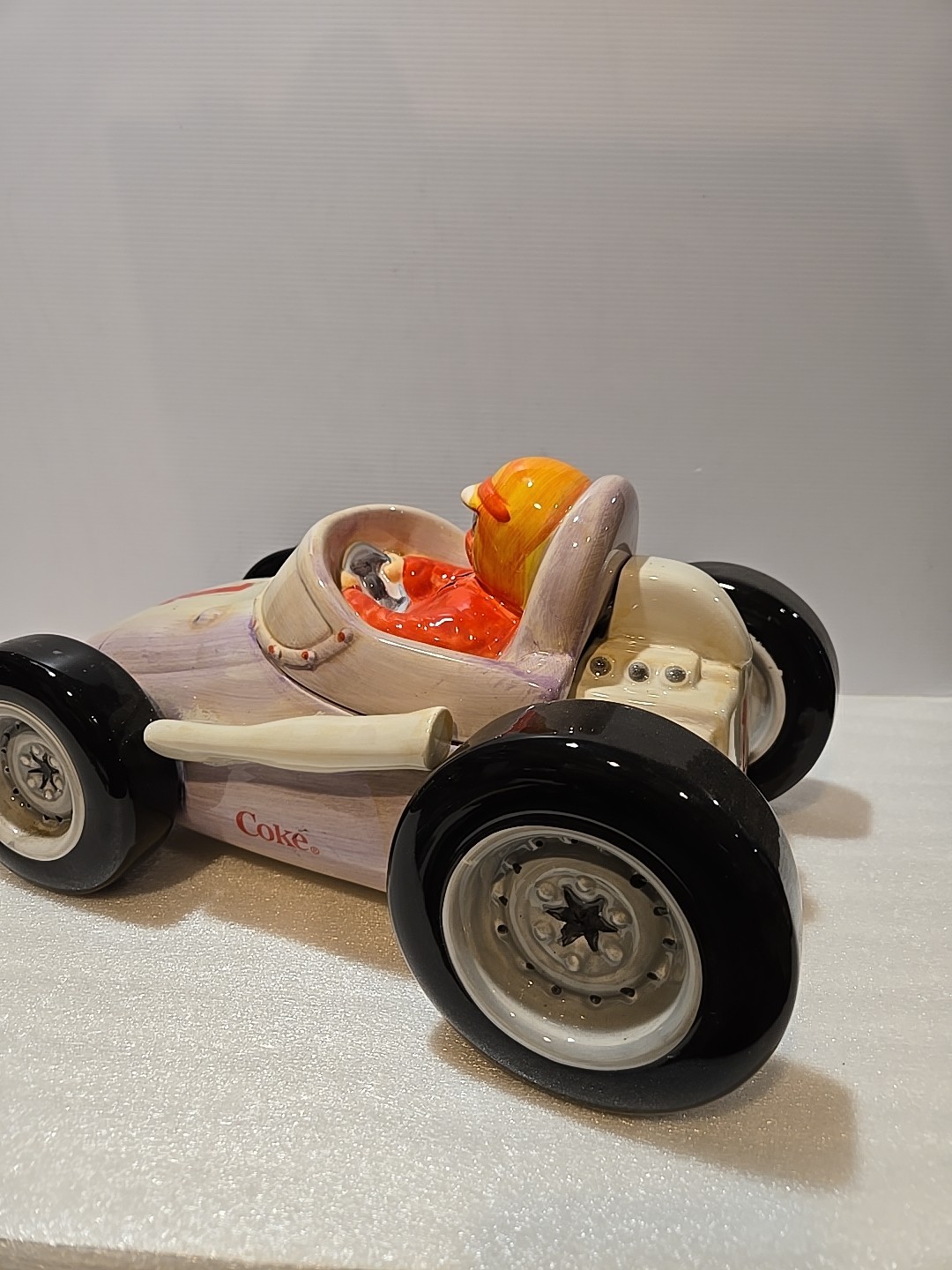 Vintage 2002 Coca-Cola COKE 14" Porcelain Race Car Cookie Jar, Very Good Shape