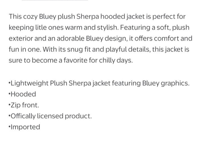 BLUEY Girls Sherpa Fleece Zip Up Jacket Sz 7 8 Cartoon Cozy Warm Winter Playful