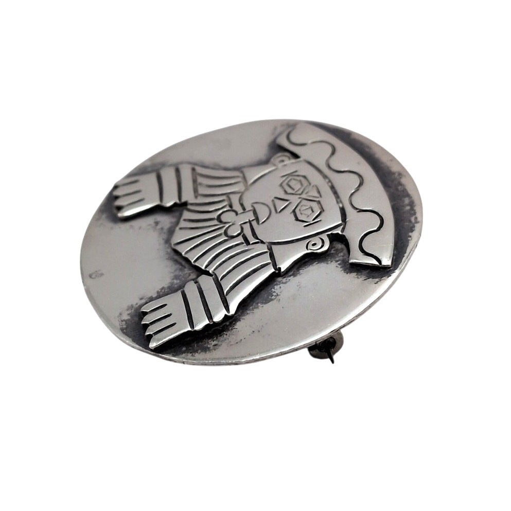 Vintage Taxco 980 Sterling Silver Mexico Round Etched Figure Brooch 1.6in 17.60g