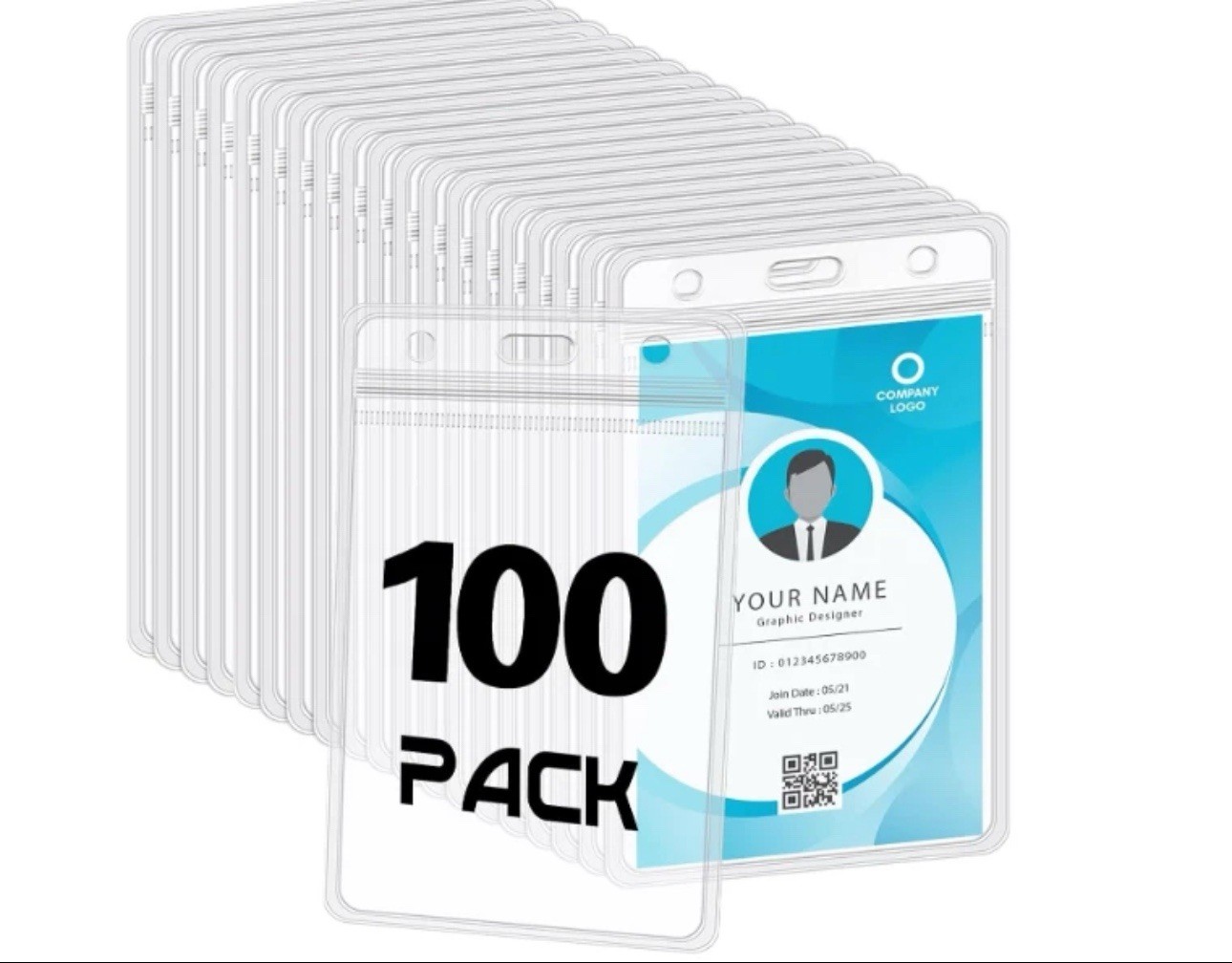 100 Pack Vertical ID Card Badge Holder Clear Plastic