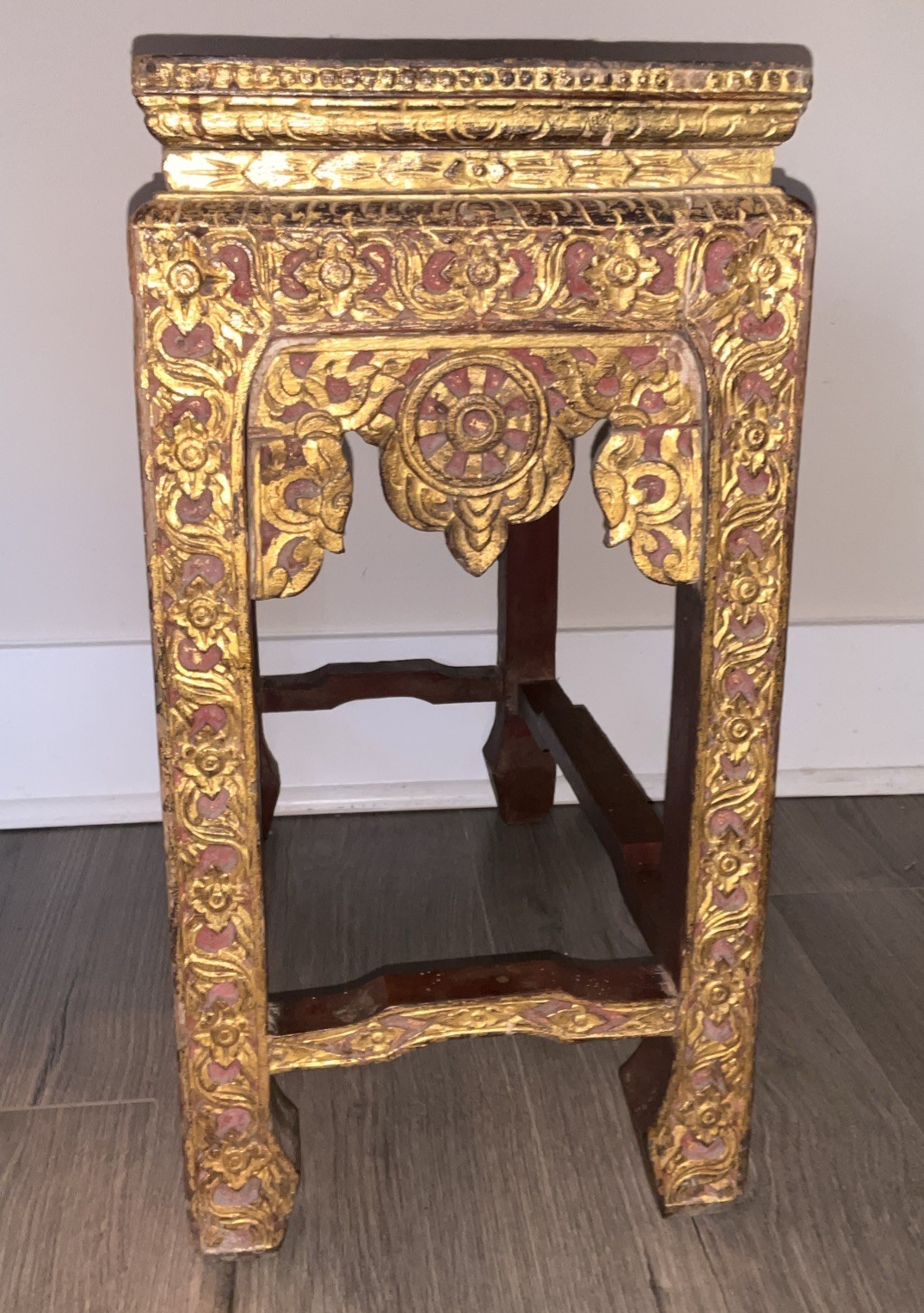 Hand Carved Asian Gilt Wood Altar Table Console – Ornate Gold Red Accent