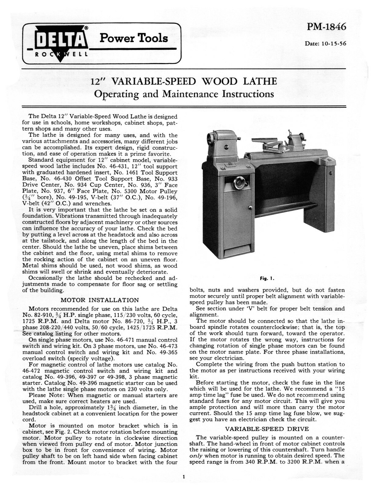 Delta 12" Variable Speed Wood Lathe Operating, Maint & Parts List Manual #1960