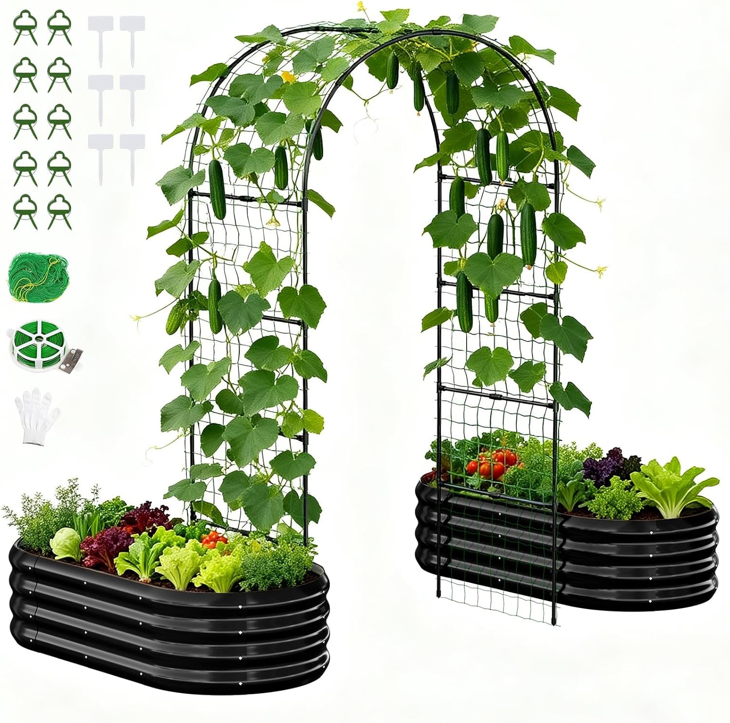 SLSY Galvanized Raised Garden Bed with 86in Tall Garden Trellis for Vegetables