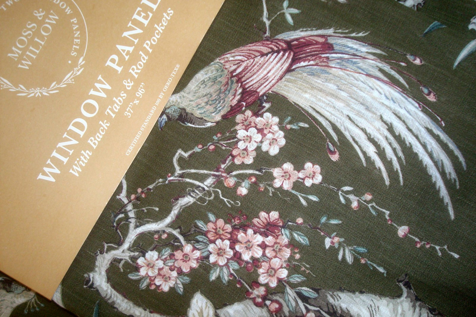 NWT Moss & Willow 2 pc Curtain Panels BIRD Floral Cotton blend Green 96" lg