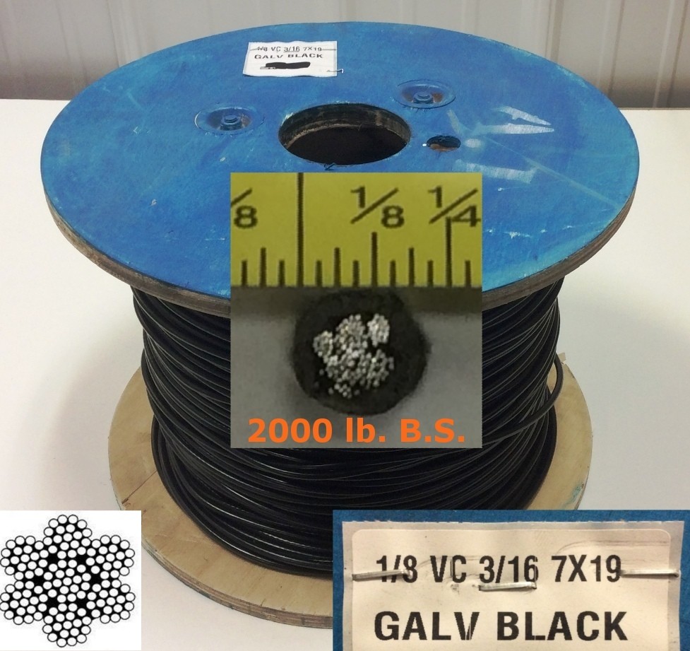 Black Vinyl-Coated Steel Aircraft Cable Wire Rope 100 ft 1/8" VC 3/16" 7x19