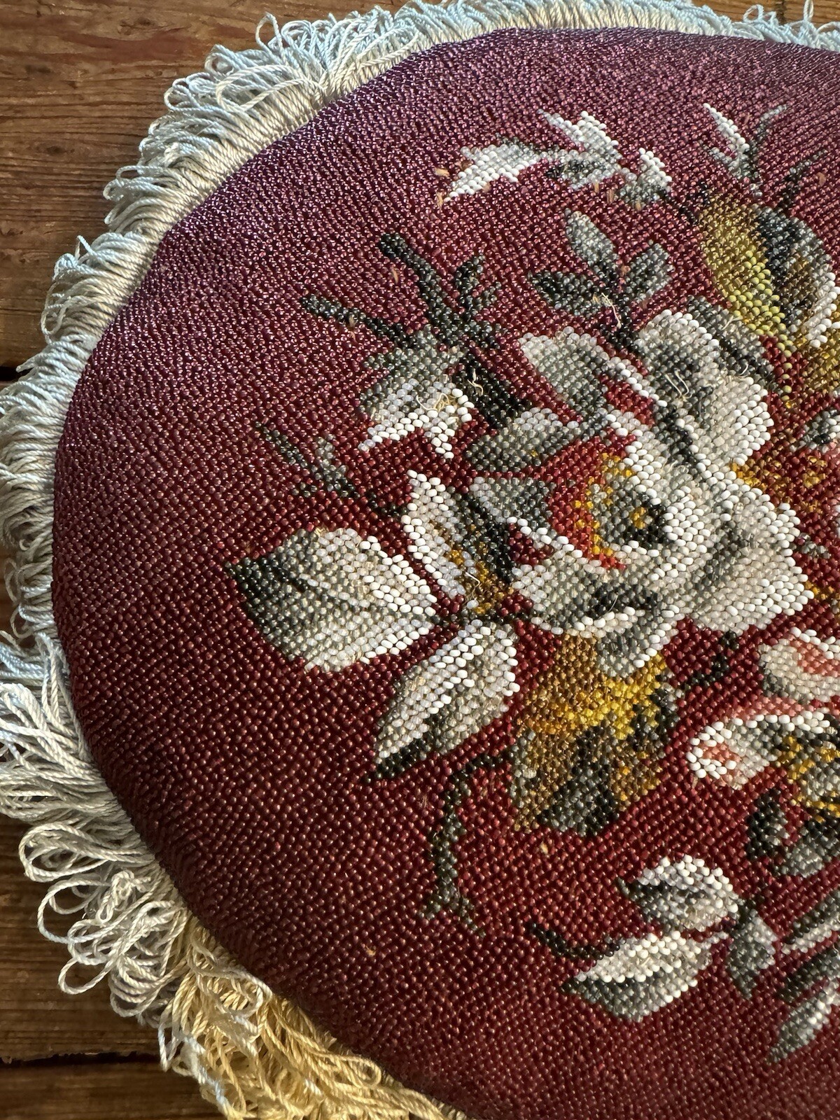 Victorian UK Embroidered & Beaded 13” Chair Seat Cushion w/ Purple Velvet Bottom
