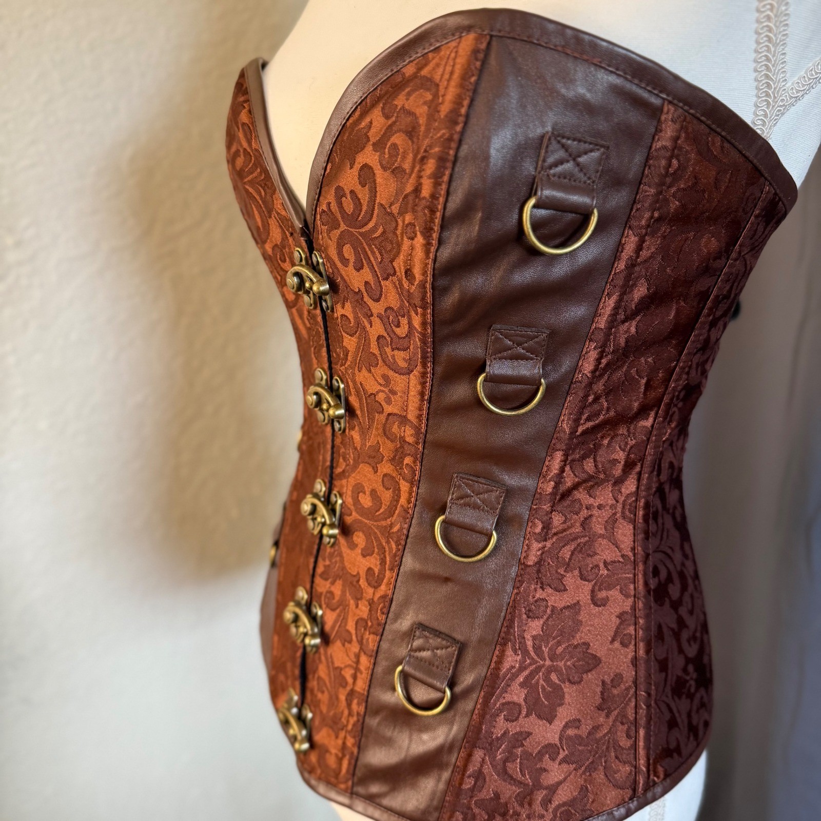Steampunk Corset Brown Damask Faux Leather Hook Eye Small