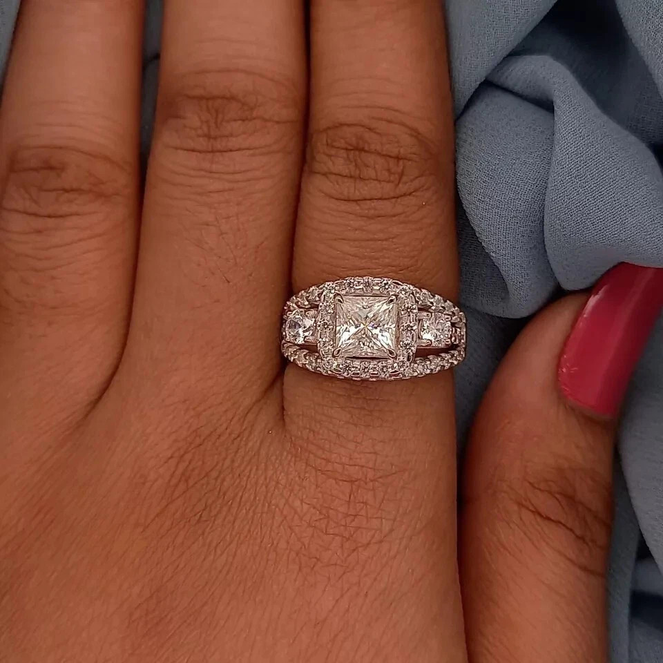 Solid 14K White Gold Moissanite Bridal Set Engagement Ring 2.50 CT Princess Cut