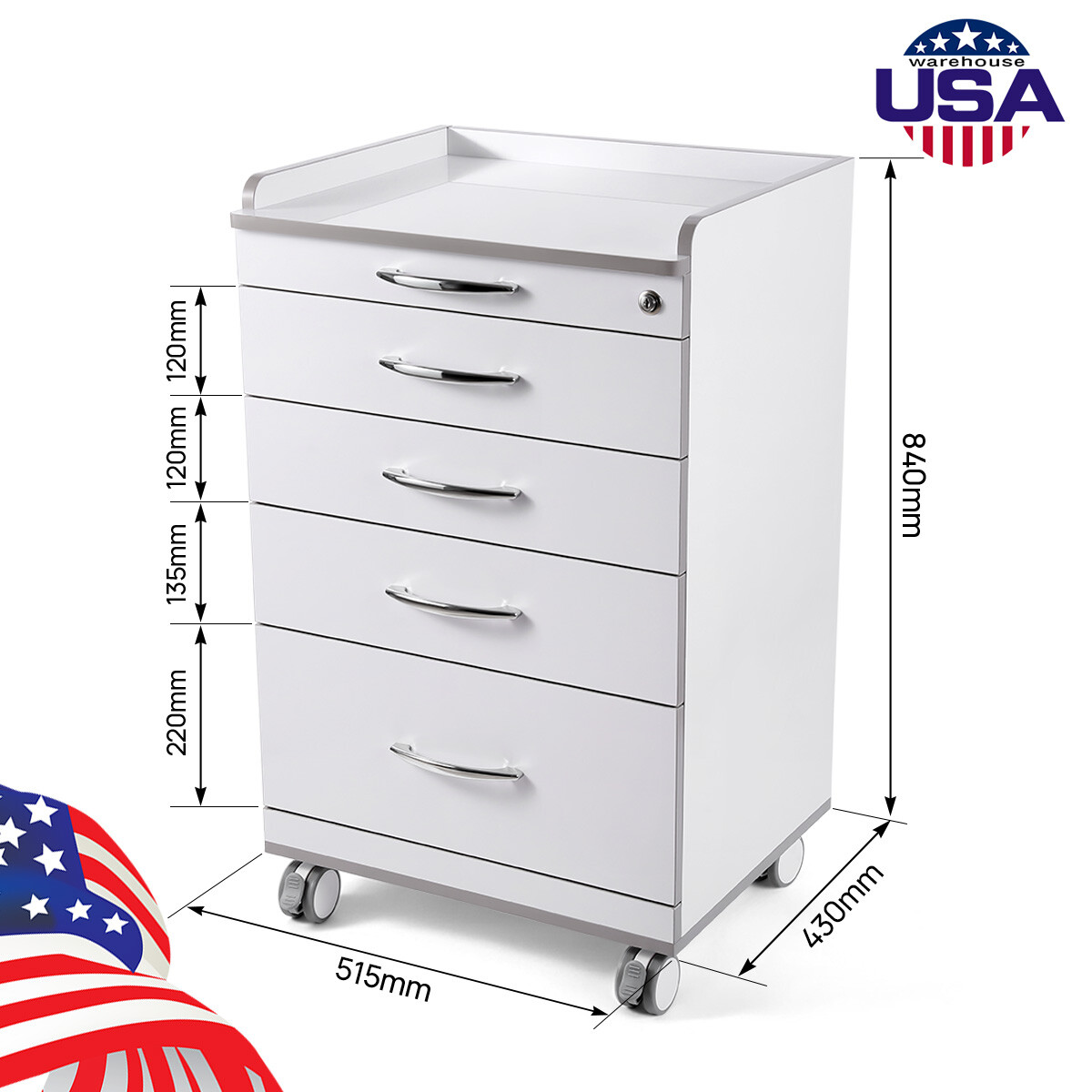 4 Drawers Dental Lab Mobile Cabinet Clinic Cart Medical Trolley W/ Power Socket