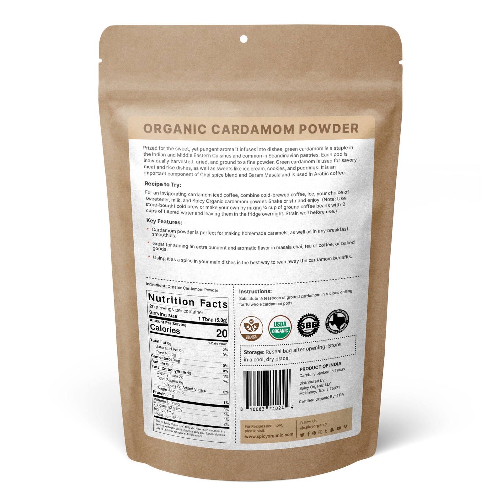 Organic Cardamom Powder- USDA Certified- Great for Cooking, Baking and Beverages