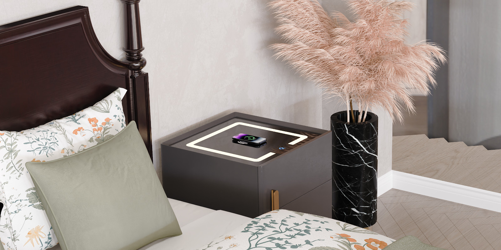Deep Grey Smart Nightstand w/Security Safe Lock Box, 3-Color,Wireless Charging