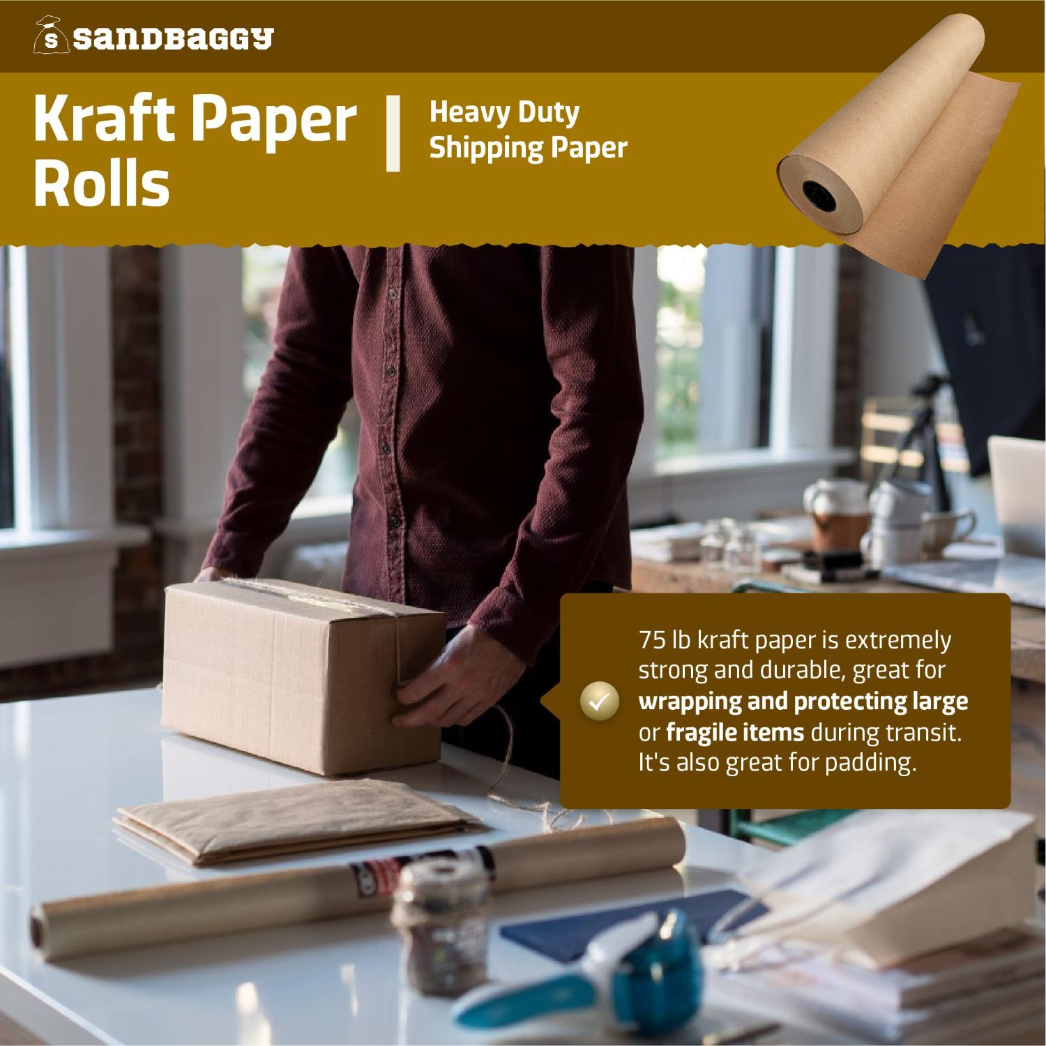 Sandbaggy Heavy Duty Kraft Paper Rolls - 75 lb. Recycled Construction Paper