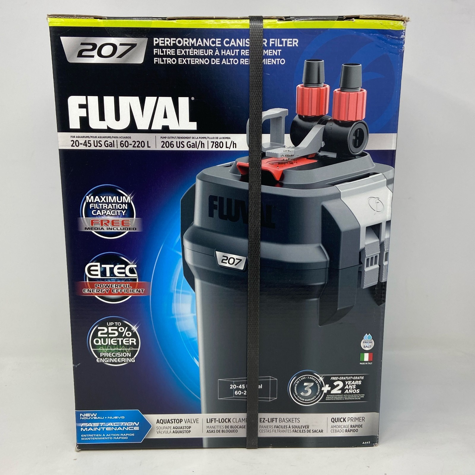Fluval 207 Performance Canister Filter, Black/Gray — For Aquariums 20-45 Gallons