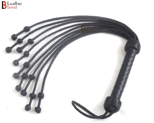 Real Cowhide Leather Flogger Cat O Nine Braided Falls With Double knots