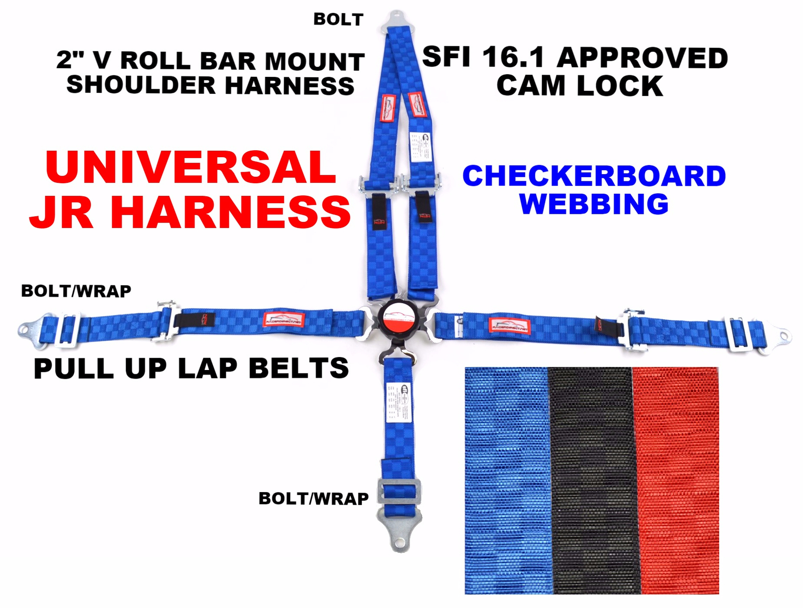 QUARTER MIDGET RACING HARNESS PULL UP SFI 16.1 UNIVERSAL BLUE CHECKERBOARD