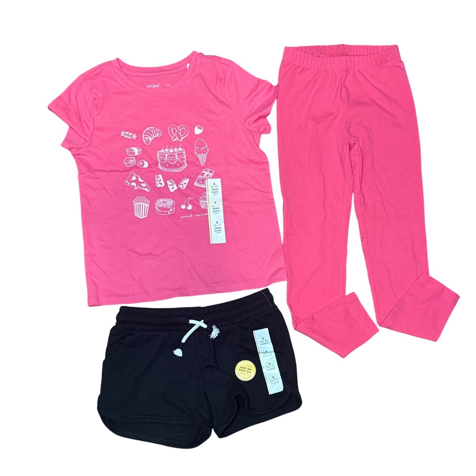 Cat & Jack Girls 3pc Outfit Set Pink Snack Graphic Tee Leggings Black Shorts 6/7