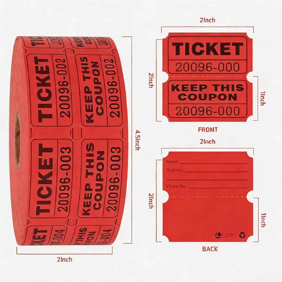 Raffle Tickets - 1000Pcs（500 Pairs） Double Roll Class Reward Tickets, Ideal for