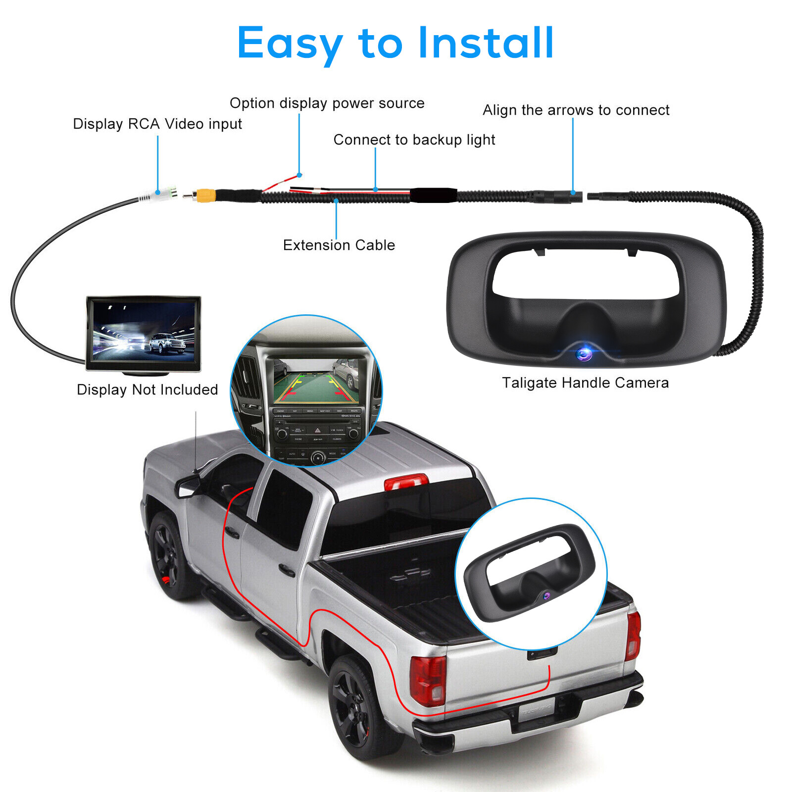 HD Tailgate Handle Backup Camera w/Wire for 1999-2006 Chevy Silverado GMC Sierra