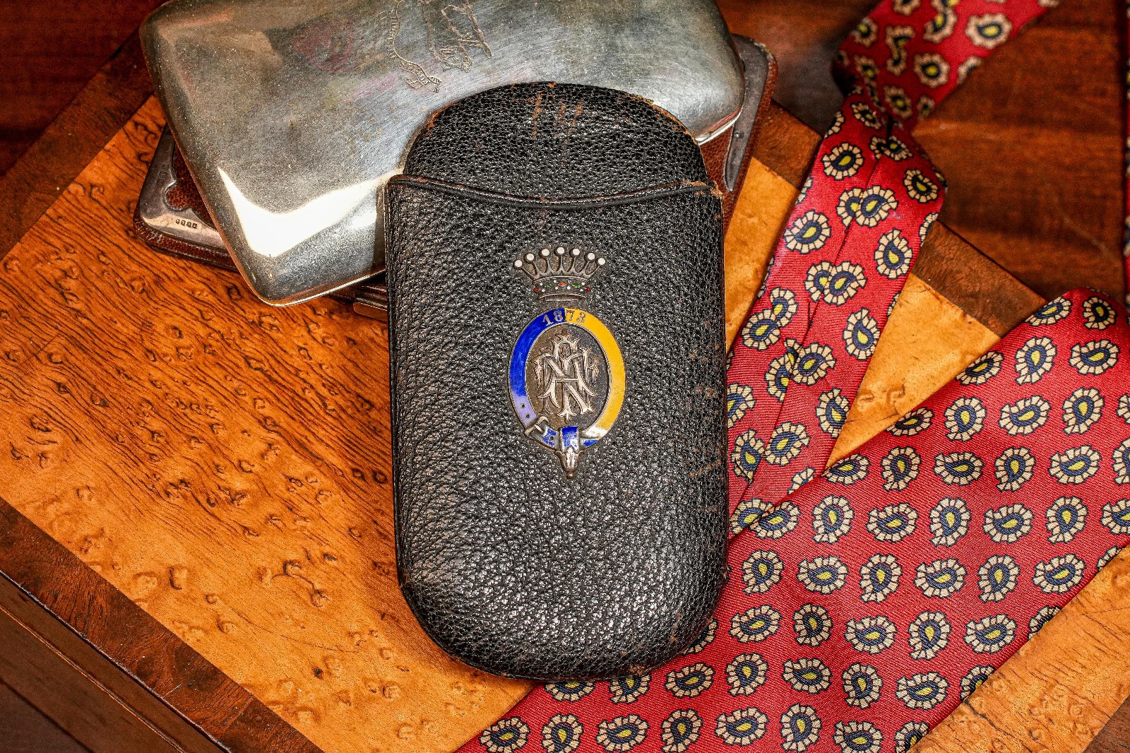 Austrian Antique Victorian Leather Cigar Case Silver Enamel Armorial Tobacciana