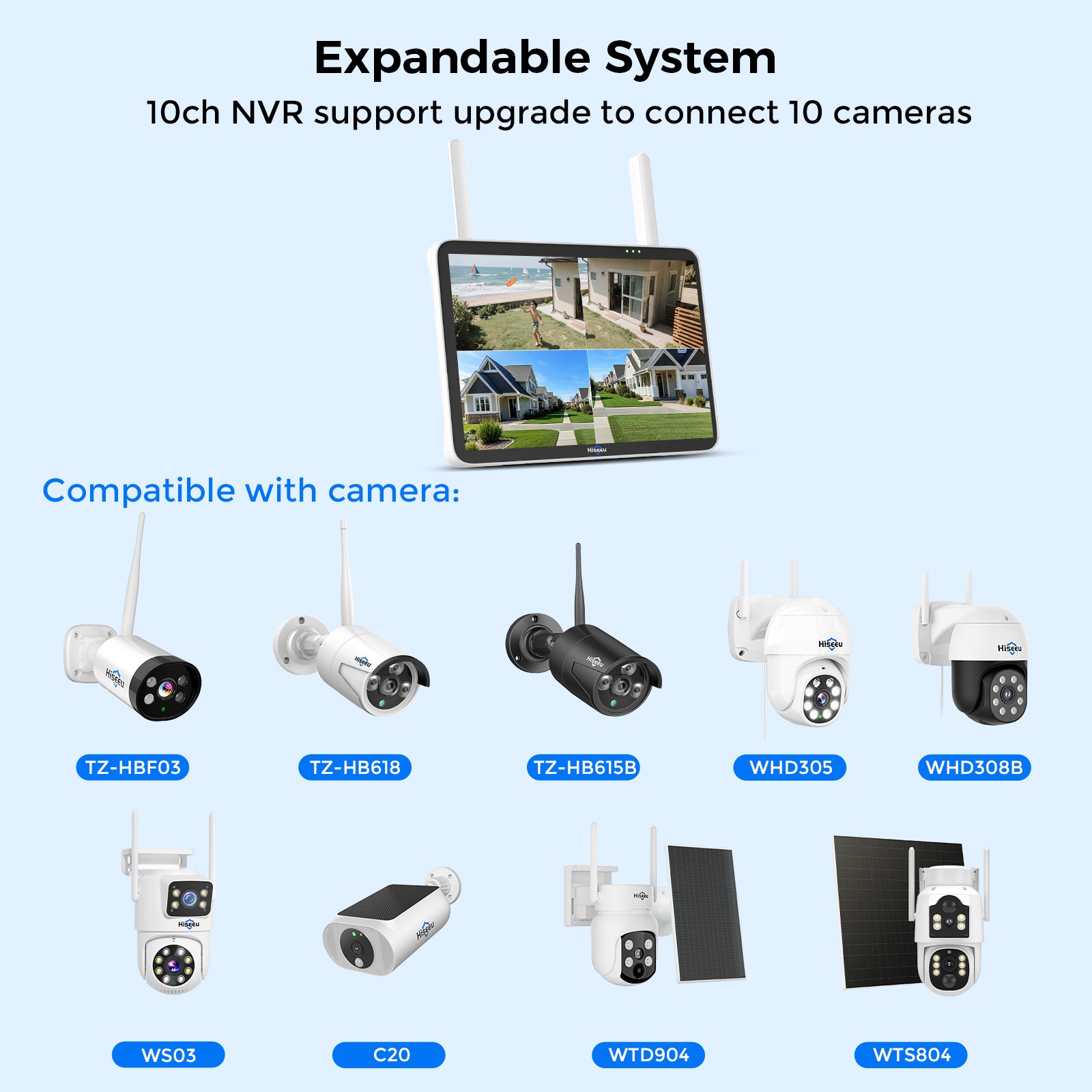 Hiseeu 8MP 10CH 10''Touch Screen NVR WiFi Outdoor Security Camera System HDD Lot
