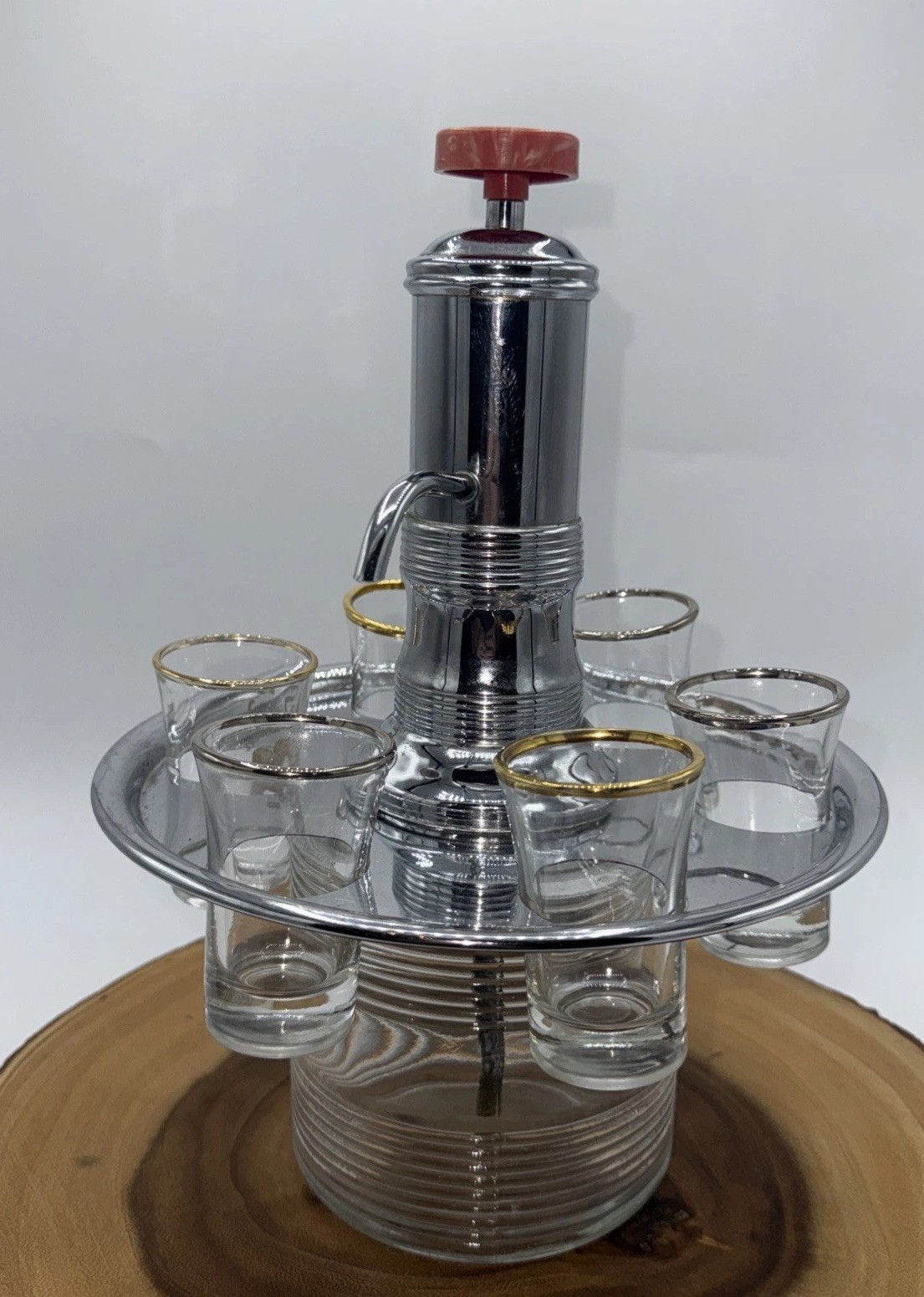 Vintage Liquor Dispenser Pump & Glass Decanter W/6 Shot Glasses W/Chrome Tray