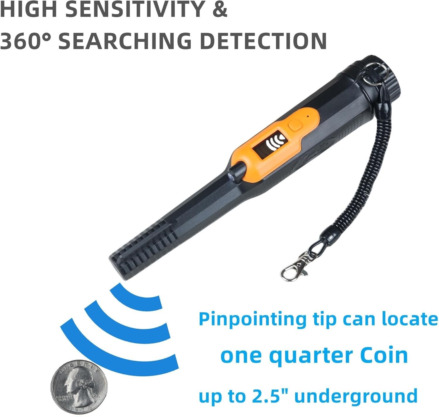 Metal Detector Pinpointer, LCD Display Fully Waterproof Underwater 30m/50FT Gold