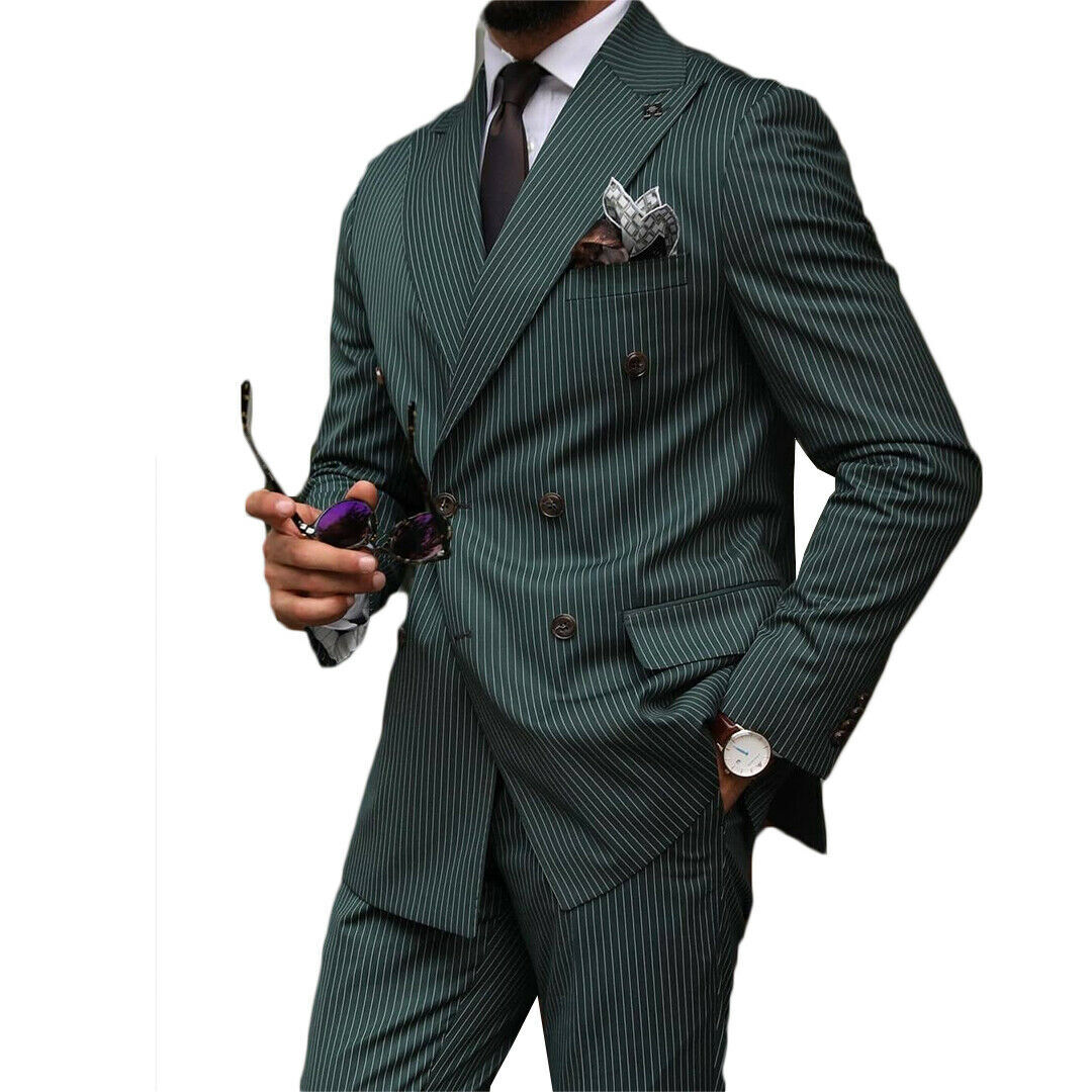 Men's Green Pinstripe Suits Slim Fit Tuxedo Jacket Groomsmen Suits for Wedding