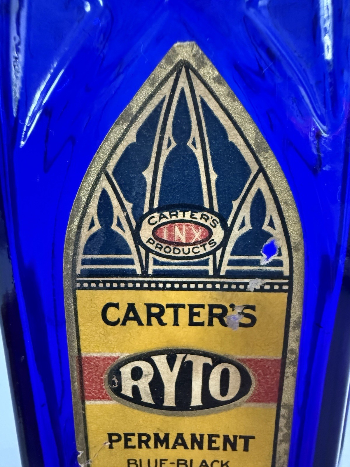 Vintage Cathedral Style Blue Glass Carter's Ink Bottle/Jar with label & Stopper