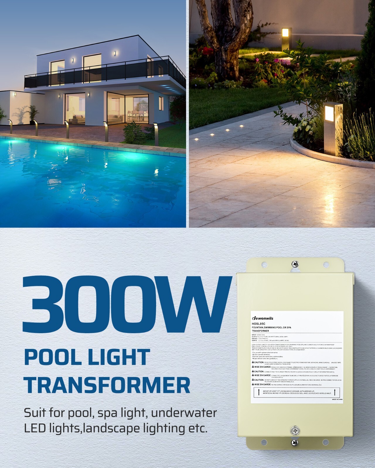 DEWENWILS 300W Low Voltage Pool Light Transformer, 120V AC to 12V/13V/14V AC, Mu