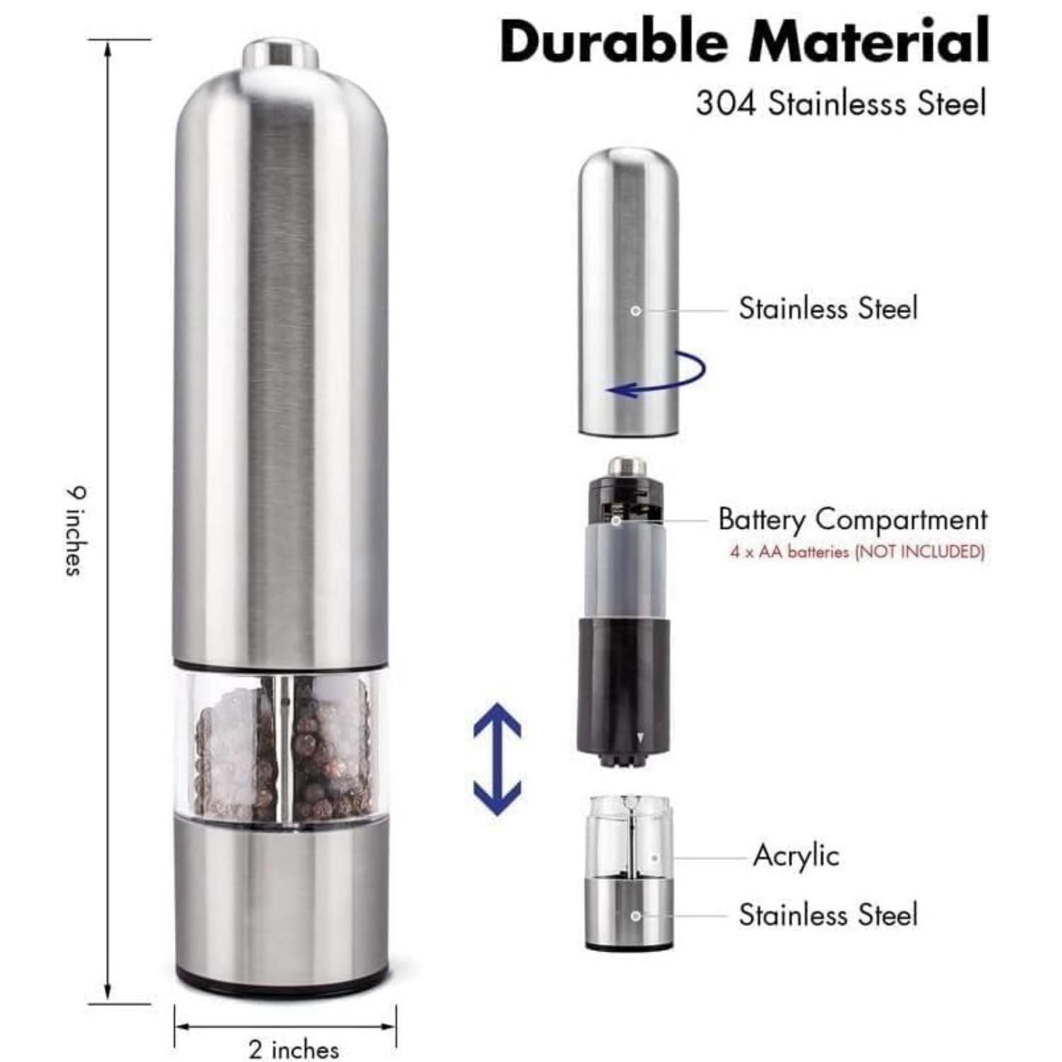 2PCS Electric Salt Pepper Grinder Mill Shakers Set Adjustable Stainless Steel