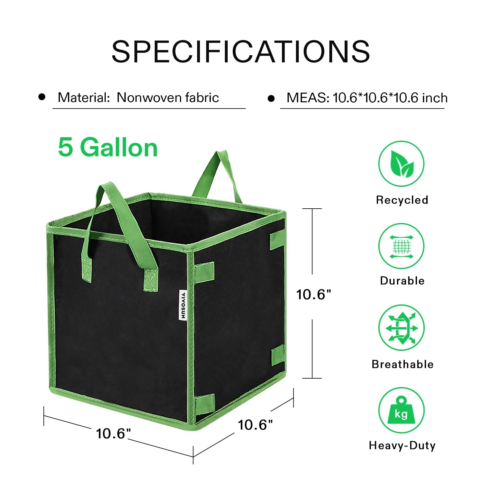 VIVOSUN Square Grow Bags 5 Pack 5 Gallon Thick Nonwoven Fabric Pots with Black