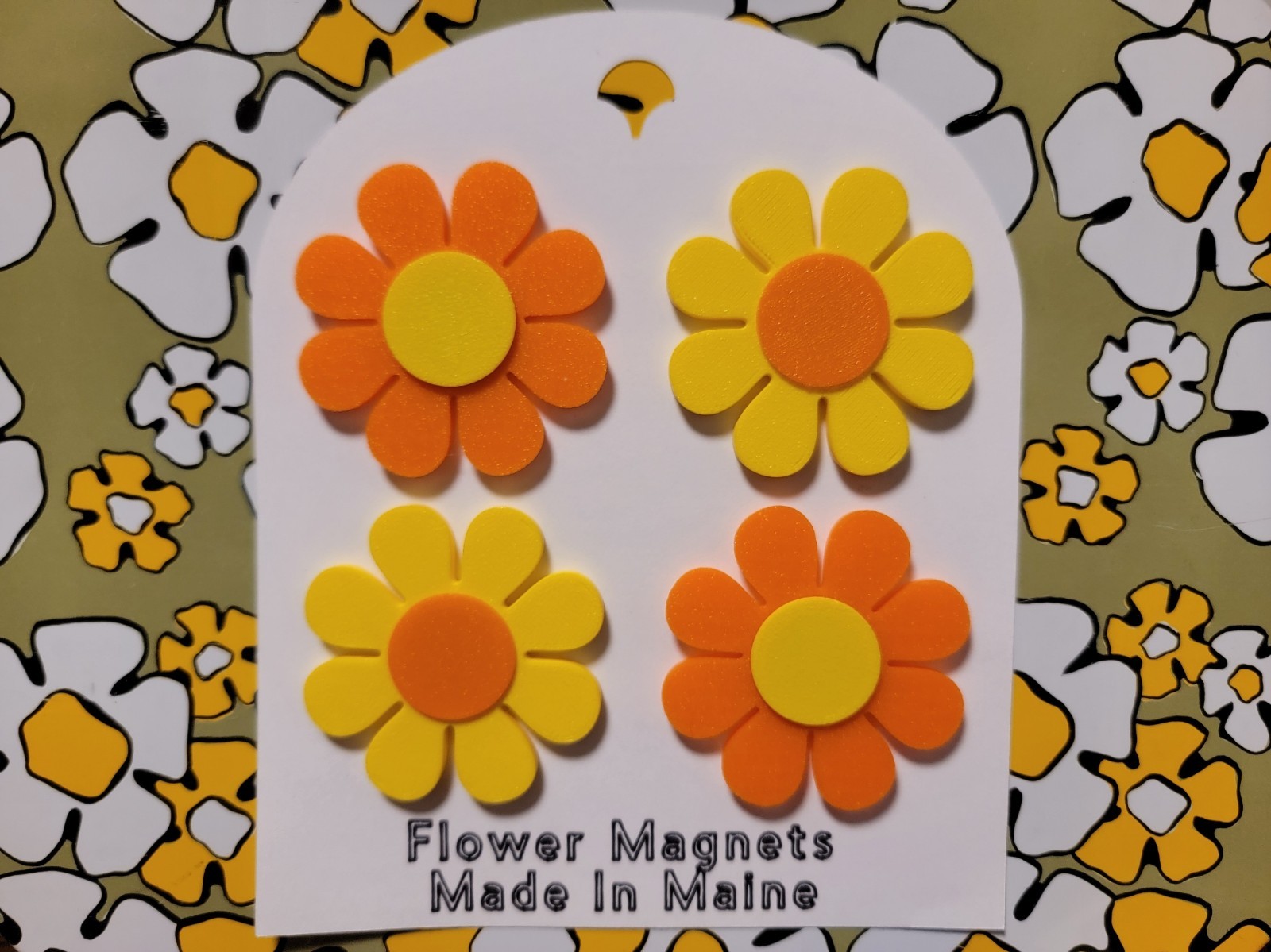 Flower Power Retro Magnets - 2x Yellow 2x Orange - Vintage Retro MCM - NEW!